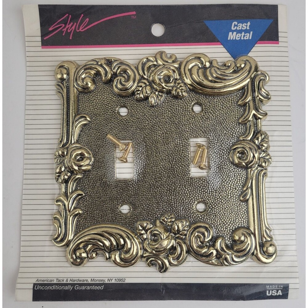 American Tack Vintage Decorative Metal Double Switch Wall Plate Brass Color NOS